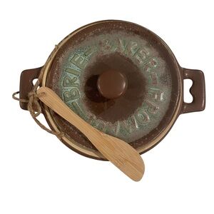 NEW Reactive Glaze Stoneware Brie Baker with Bamboo Spreader Rustic Provençal